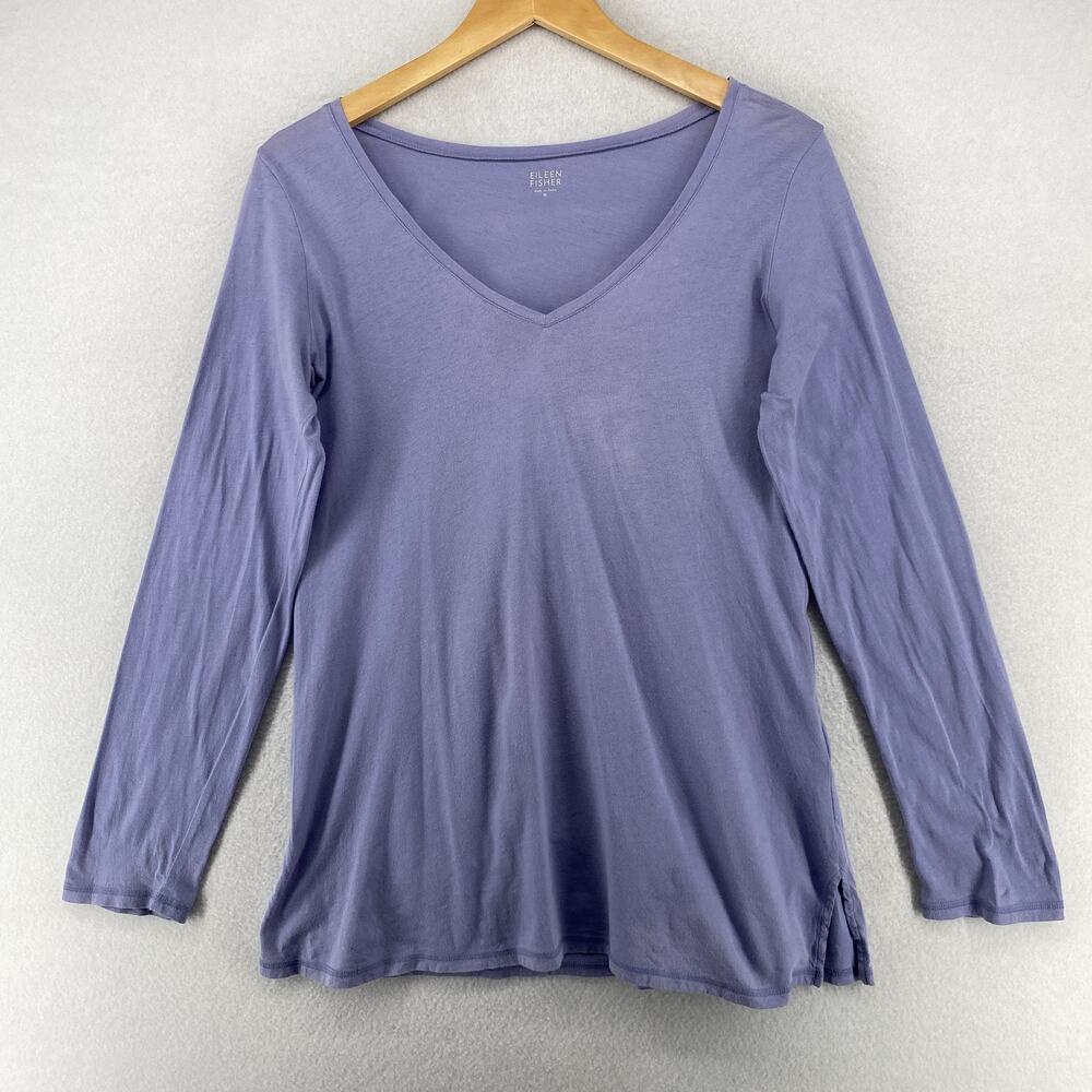 EILEEN FISHER Top M Organic Cotton Fine Jersey Tunic V-Neck Long Sleeve Purple